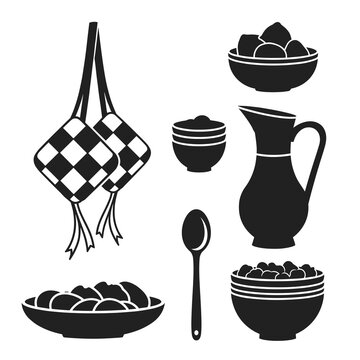 Black silhouette icons of kitchenware and traditional ketupat