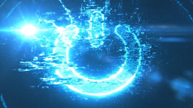 Digital power button symbol glows brightly on a dark screen, indicating