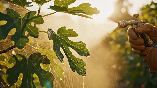 Gardener spraying water on fig tree leaves in golden hour sunlight, close-up