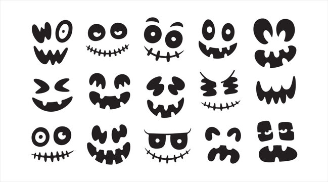 Black scary face symbols set for horror, Halloween, and spooky design themes