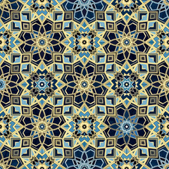 Detailed blue and gold islamic geometric star pattern