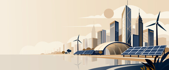 Sustainable Smart City with Renewable Energy and Wind Turbines Illustration