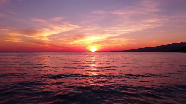 Vibrant orange and purple sunset paints the sky over the calm ocean waters