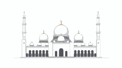 Obraz premium Detailed architectural illustration of a mosque with multiple domes and minarets, showcasing intricate design and Islamic architecture, presented in a clean and simple vector graphic style.