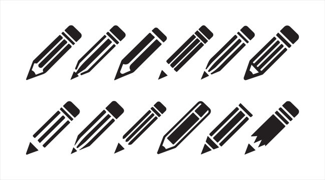 Black pencil symbol set representing drawing, sketching, and design tools