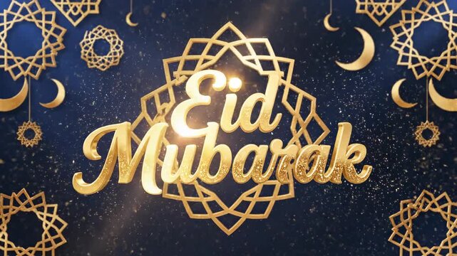 Festive Eid Mubarak Greeting with Swirling Golden Particles, Shimmering Islamic Patterns, and Crescent Moons.