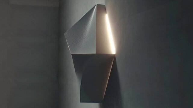 Abstract geometric light installation with glowing edges and sharp shadows on a textured wall modern art concept.
