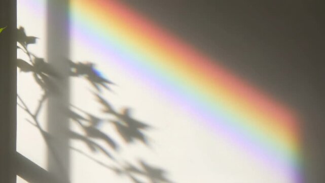 Rainbow light prism effect through window with plants. Cinematic wide angle view of sunlight casting colorful spectrum on wall in quiet room