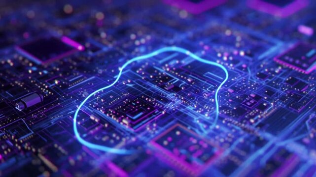 Abstract glowing blue circuit board with data flow and processing representing advanced technology and digital communication.