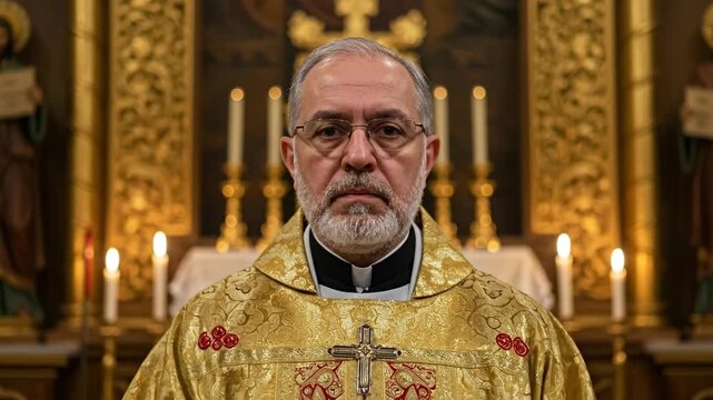 A solemn priest in golden vestments stands before a church altar.