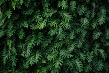 Moody dark green Philodendron leaves foliage background. © artrachen