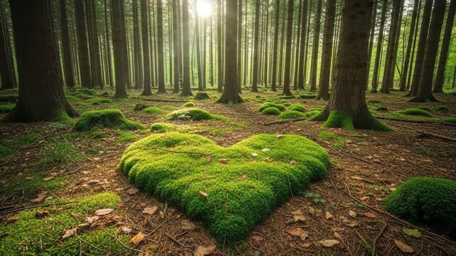 Sunlight creates heart-shaped moss patch in a serene forest