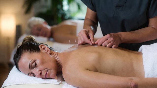 Female acupuncture therapy session in spa setting with relaxed atmosphere.