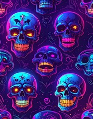 Glowing neon skull pattern on a dark background