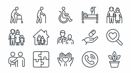 Fototapeta premium Collection of elderly care and nursing home line icons set including geriatric physician and senior health assistance, concept for medical branding, nursing brochure and healthcare website
