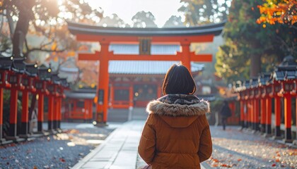 鳥居へ向かう神社の参道に立つ女性の後ろ姿