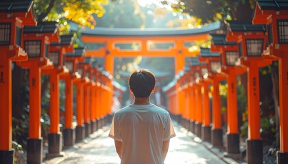 鳥居が並ぶ神社の参道に立つ人物の後ろ姿