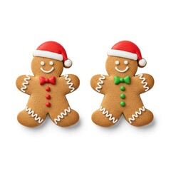 Two festive gingerbread men cookies decorated with cheerful icing smiles and tiny Santa hats isolated on a clean white background for holiday baking concepts.