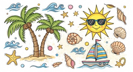 Obraz premium Tropical Beach Scene with Palm Trees, Sailboat, and Sunny Day Elements