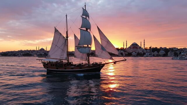 Golden hour splendor A classic schooner sails gracefully on shimmering waters, reflecting the breathtaking colors of a twilight sky above a grand old city