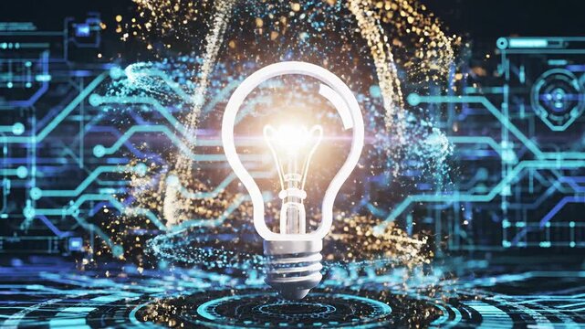 Glowing Light Bulb Idea Concept with Digital Circuit Board and Particle Explosion