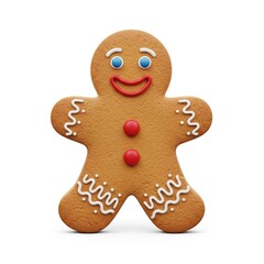 Adorable and classic gingerbread man cookie featuring cheerful icing details isolated against a bright white background for holiday baking concepts.