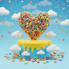 Whimsical colorful heart sculpture constructed entirely from sugary breakfast cereal rings perched atop a bright blue and yellow cake against a cheerful sky background.