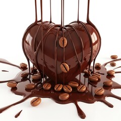 Luxurious dark chocolate heart sculpture richly coated in melted syrup and decorated with scattered roasted coffee beans creating a decadent treat concept