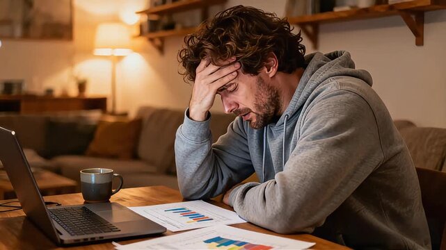 Financial crisis concept: man slowly opens eyes to financial chart then closes them in distress, hand on forehead, high-fidelity office stress footage.