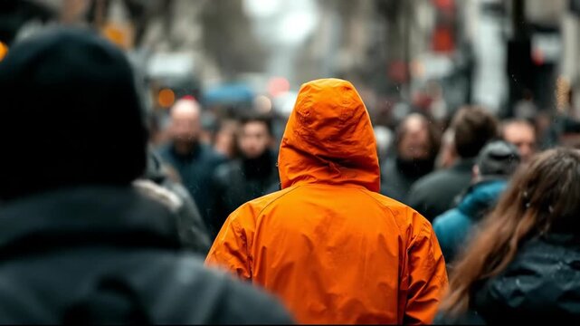 A vibrant crowd with a standout orange jacket against a blurred backdrop.