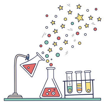 A whimsical flat illustration depicting a failed experiment creating floating sparkles.