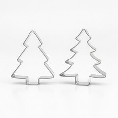 Two distinct stainless steel Christmas tree shaped cookie cutters resting side by side on a clean white background ready for holiday baking preparations