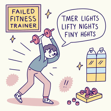 A comical flat illustration of a failed fitness trainer comically lifting tiny weights.