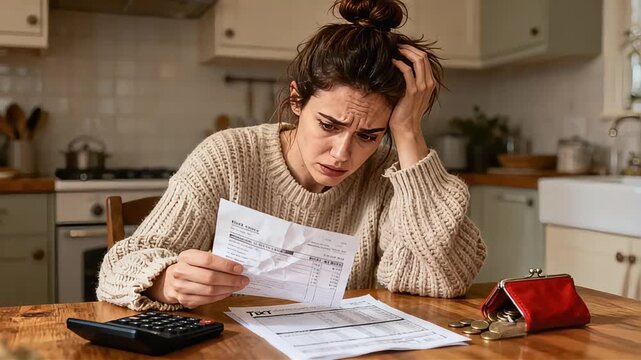 Woman with financial anxiety looking from high bill to few coins, subtle head shake and worried expression in natural light HD footage.