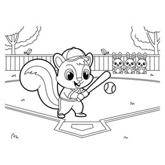 Cute cartoon squirrel playing baseball with bunnies watching