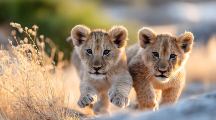 Obraz premium Lion cub playfully pouncing on a sibling in warm golden light, capturing lively behavior against a softly blurred savannah backdrop.