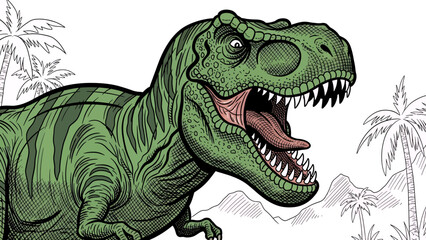 Tyrannosaurus Rex Roaring in Prehistoric Jungle.