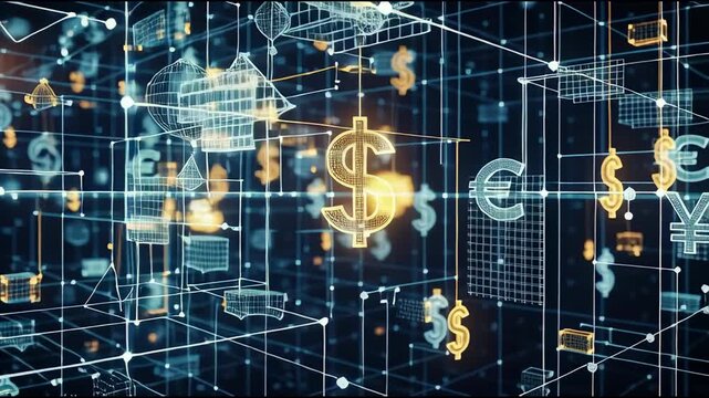 Abstract digital currency representation with glowing currency symbols