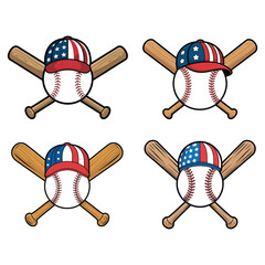 Four Baseball With American Flag Caps and Crossed Bats