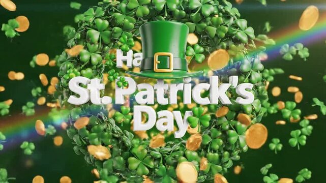 Happy St. Patrick's Day Animation with Shamrock Wreath, Leprechaun Hat, and Gold Coins on Green Background