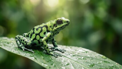 Obraz premium Vibrant green and black poison dart frog rests on a wet leaf in a lush rainforest habitat
