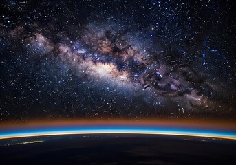 Fototapeta premium Brilliant cosmic dust clouds and countless stars arc above the curved Earth horizon illuminated by atmospheric glow and city lights