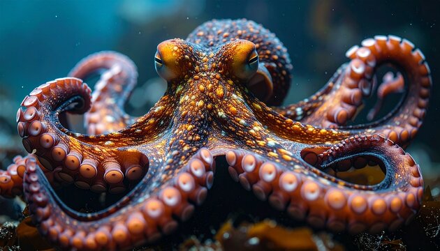 A close-up underwater shot captures an octopus with detailed texture, cinematic marine view