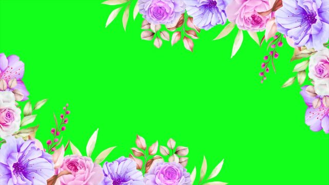Floral corner decoration with pink roses and purple flowers on green background template design