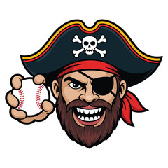 Pirate mascot holding baseball with skull and crossbones hat