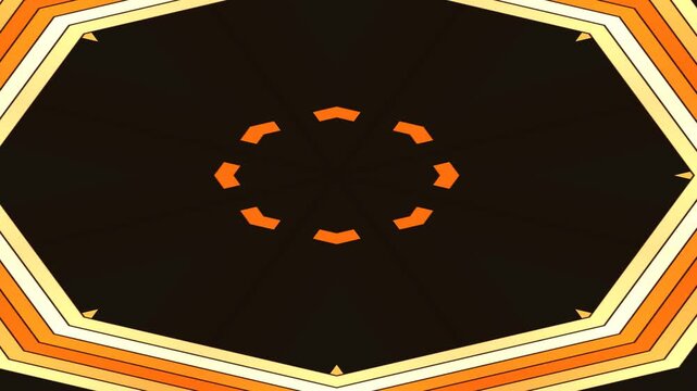 Abstract geometric kaleidoscope pattern with orange and yellow colors on black background.