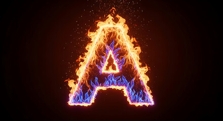 A fiery letter 'A' engulfed in flames with glowing embers against a dark background.