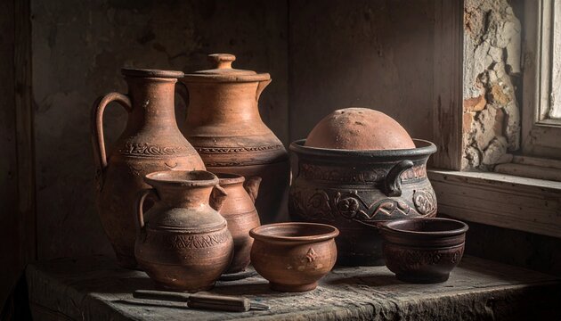 Ancient clay dishware sits on a rustic table indoors, showcasing a collection of old pottery.