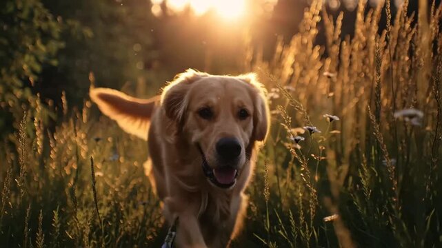 Golden retriever dog running towards camera in a sunlit field of tall grass and wildflowers with a joyful expression.