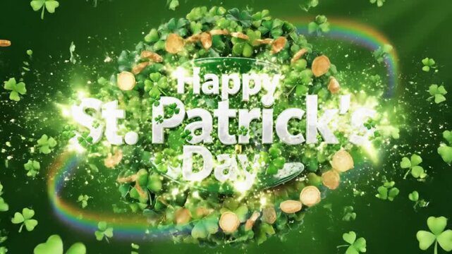 Happy St. Patrick's Day Animation with Shamrock Wreath, Leprechaun Hat, and Gold Coins on Green Background